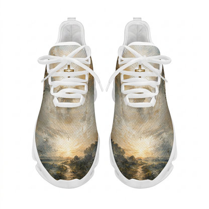 Top-down view of the custom sneakers showcasing a golden sunlit pathway on the toe box and a radiant cross on the tongue