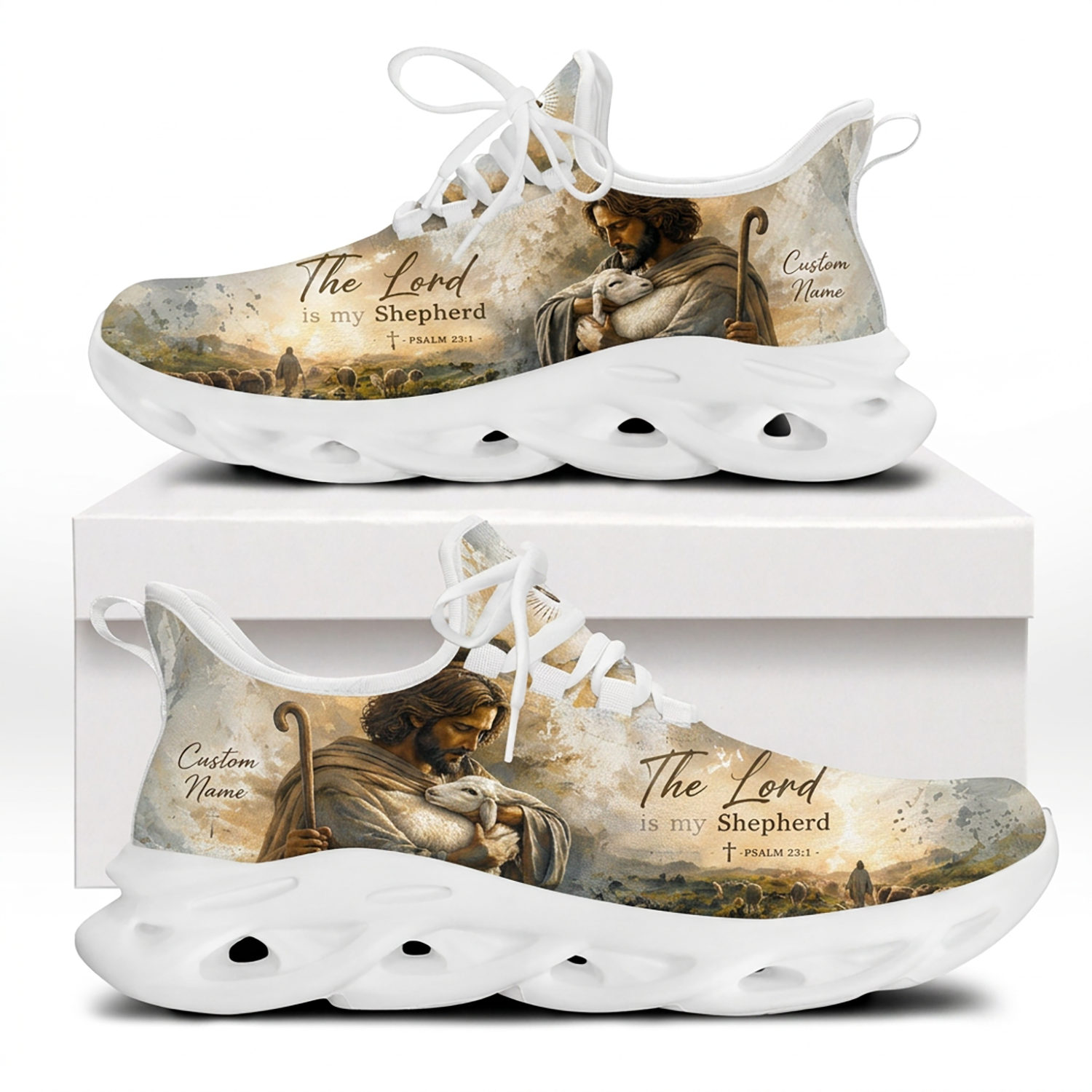 Side profiles of Custom Name Psalm 23:1 Max Soul Shoes on white soles featuring a classical oil painting illustration of Jesus holding a lamb