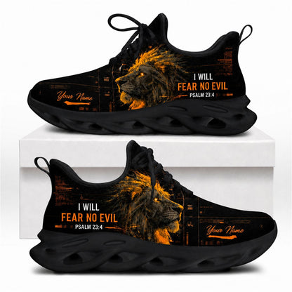 Christian shoes with neon orange lion design and Psalm 23:4 scripture on black wavy soles