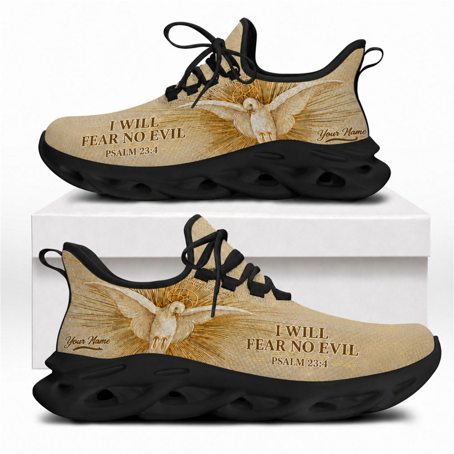 Christian shoes with a golden Holy Spirit dove and Psalm 23:4 scripture on premium black wavy soles