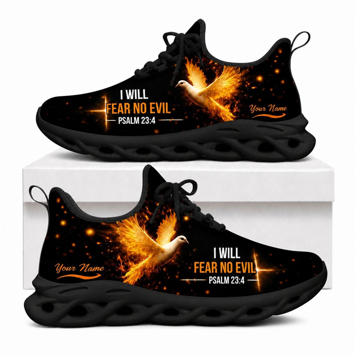 Christian shoes featuring a glowing fiery Holy Spirit dove and Psalm 23:4 on black wavy soles
