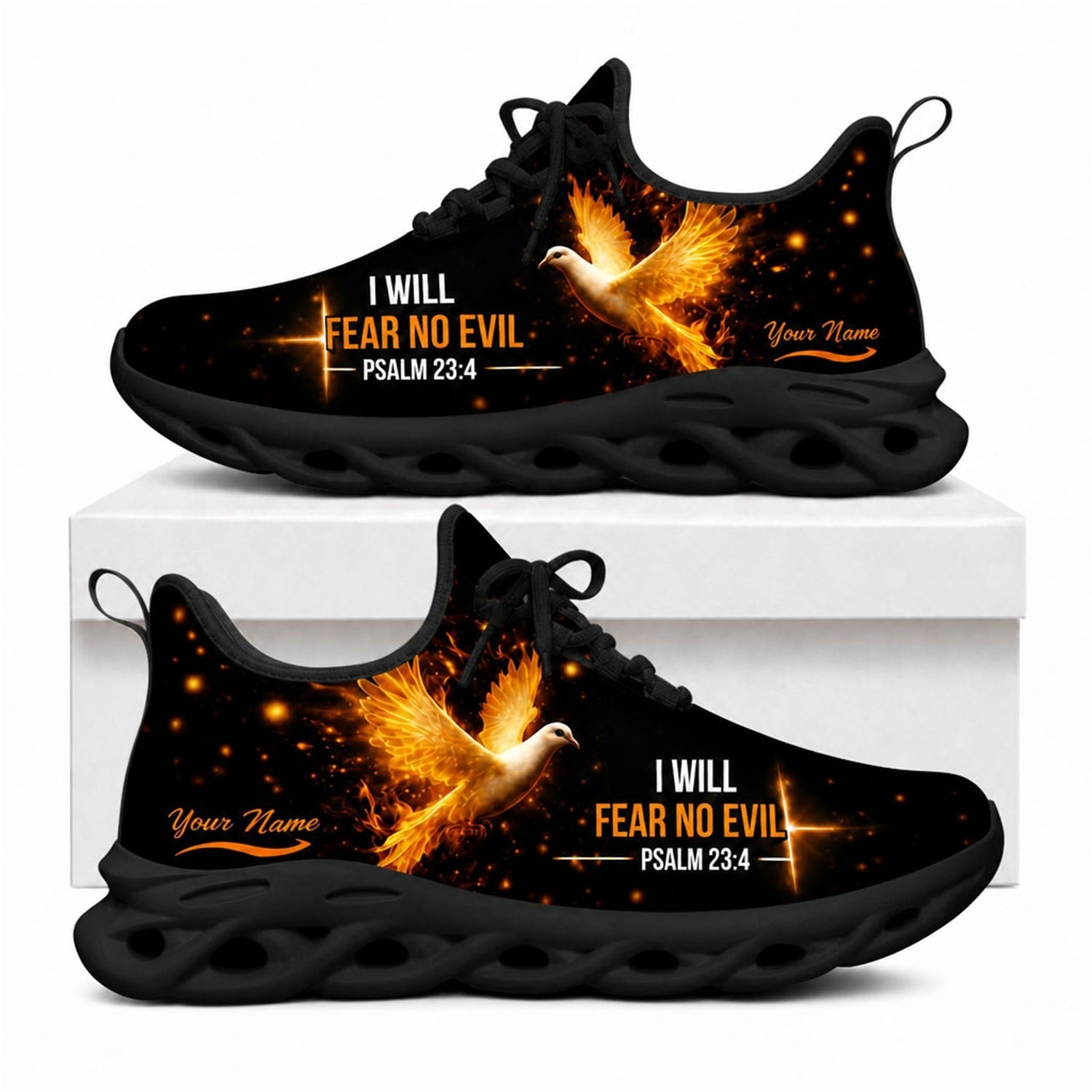 Christian shoes featuring a glowing fiery Holy Spirit dove and Psalm 23:4 on black wavy soles