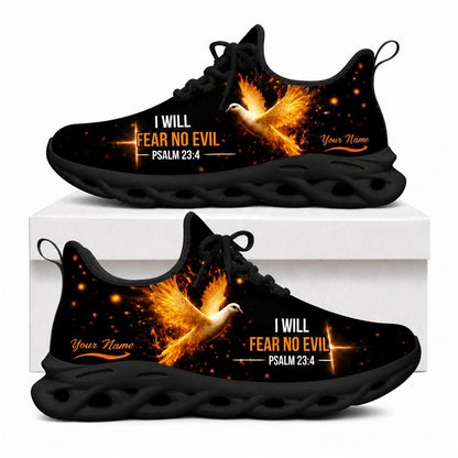 Christian shoes featuring a glowing fiery Holy Spirit dove and Psalm 23:4 on black wavy soles