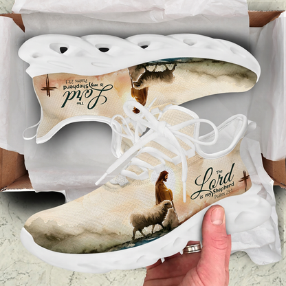 Unboxing perspective of the Christian watercolor shepherd sneakers presented inside a cardboard shipping box