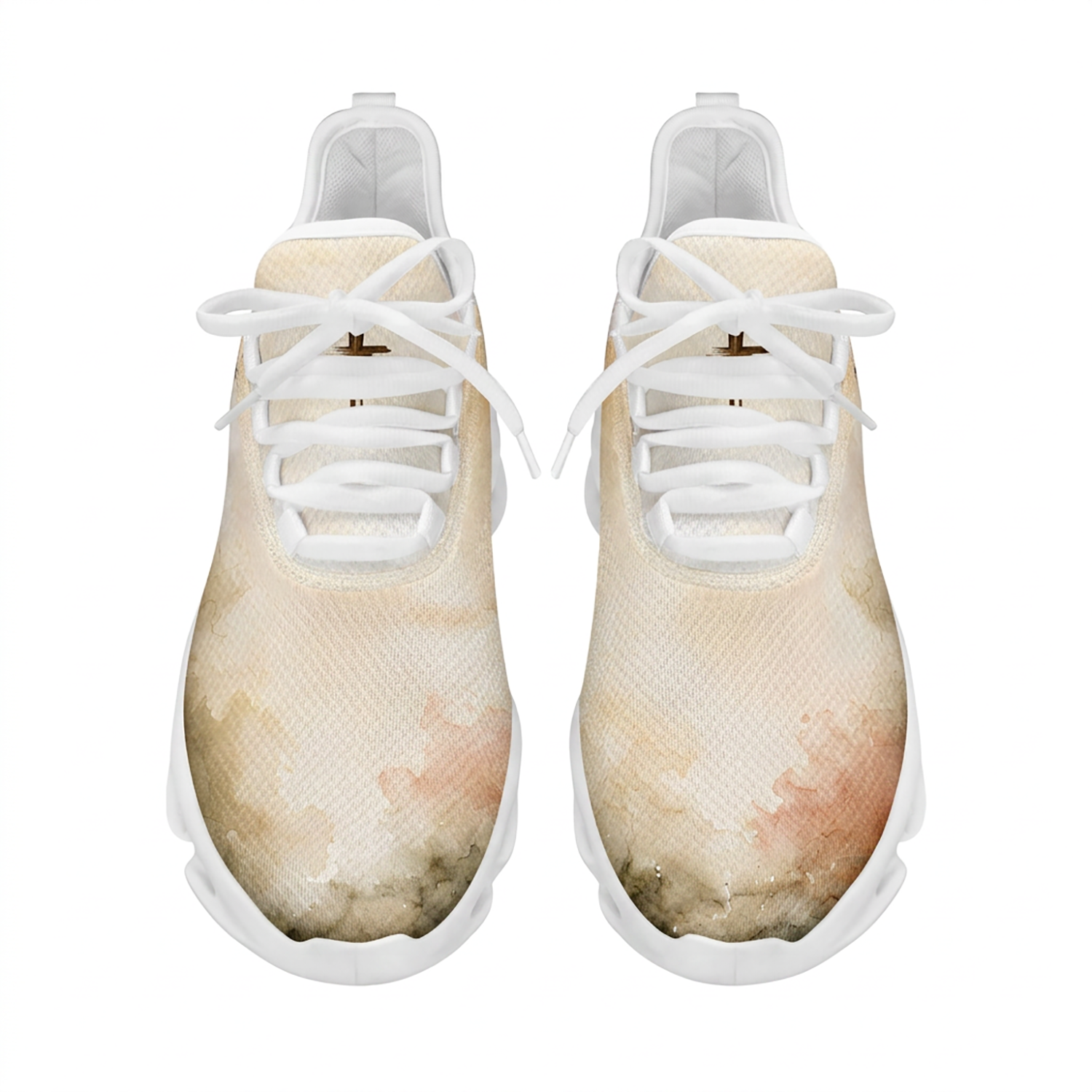 Top-down view of the custom sneakers showcasing the soft beige and earth-toned watercolor gradients across the mesh upper