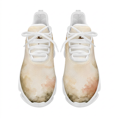 Top-down view of the custom sneakers showcasing the soft beige and earth-toned watercolor gradients across the mesh upper