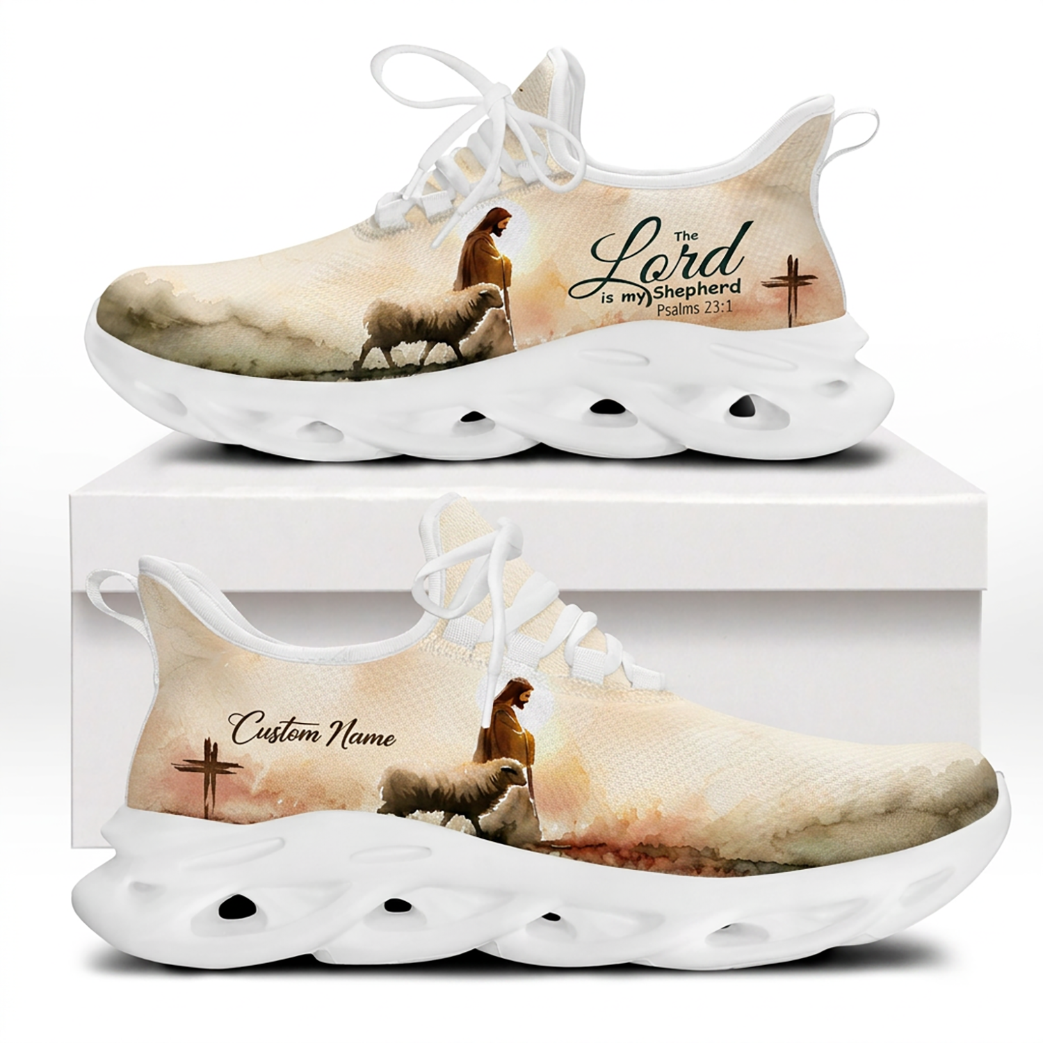 Both side views of Custom Name Psalms 23:1 Max Soul Shoes on white soles with a watercolor illustration of Jesus as the Good Shepherd, a sheep, and a cross