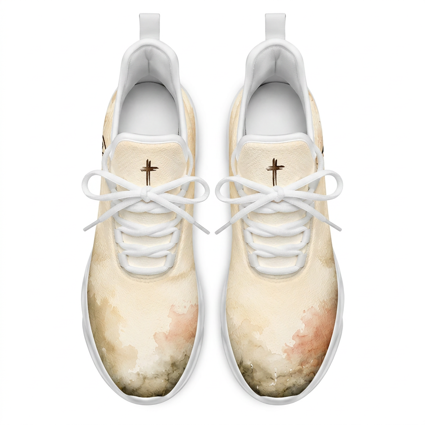 Top-down view of the custom faith sneakers showcasing the earth-toned watercolor gradient upper and a cross emblem on the tongue