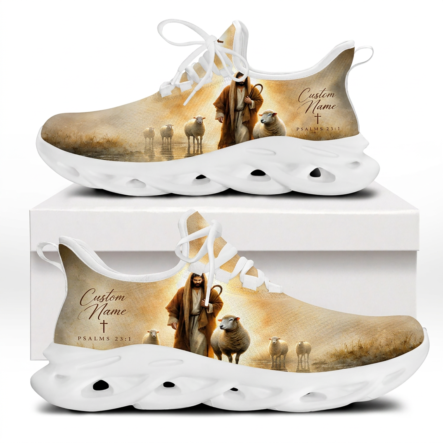 Side view profile of Custom Name Psalms 23:1 Max Soul Shoes on white soles featuring an oil painting illustration of Jesus walking with sheep