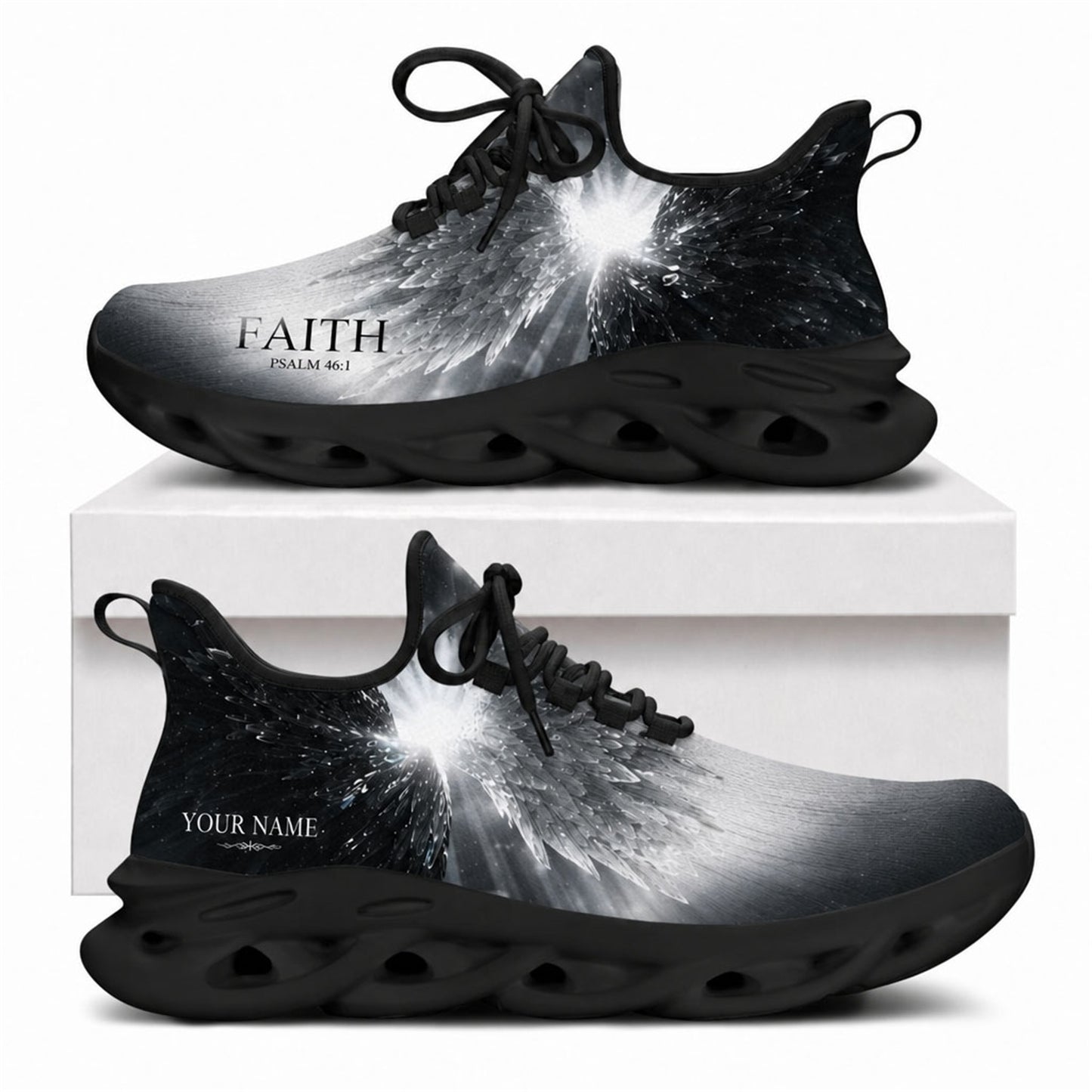 Monochrome Christian sneakers with glowing wings and "Faith Psalm 46:1" text on black wavy soles