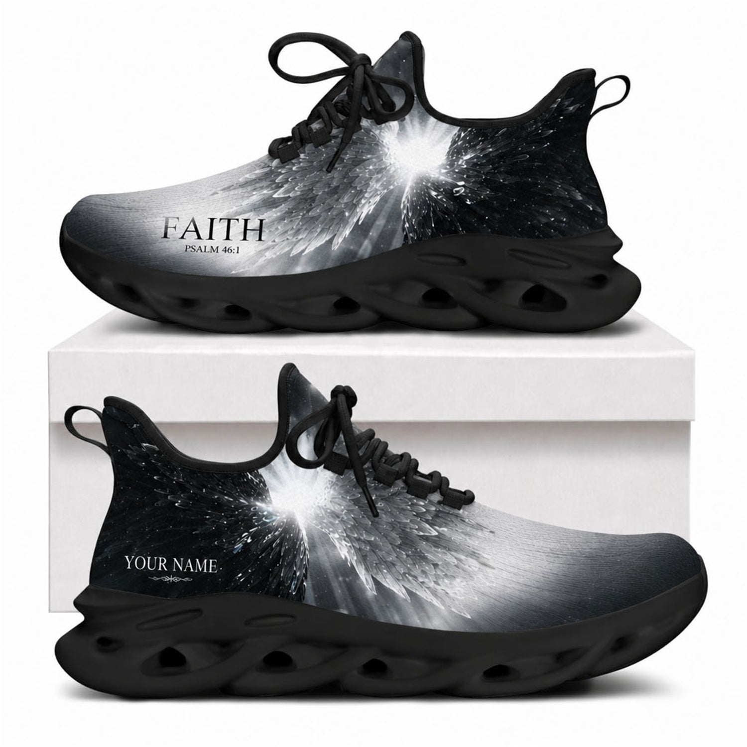 Monochrome Christian sneakers with glowing wings and "Faith Psalm 46:1" text on black wavy soles