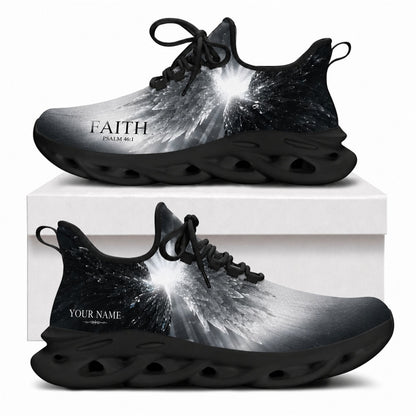 Monochrome Christian sneakers with glowing wings and "Faith Psalm 46:1" text on black wavy soles