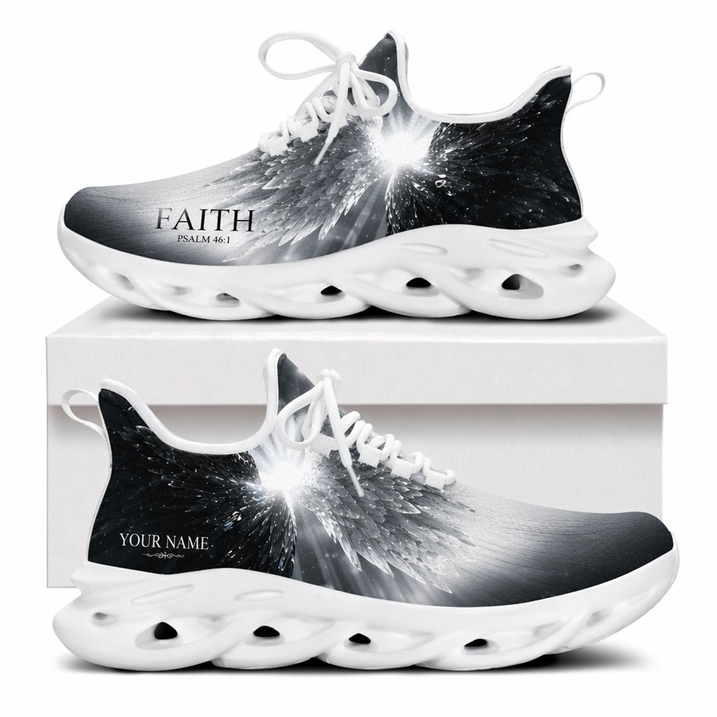Side view of Radiant Angel Wings sneakers with ethereal wing motif on white outsoles