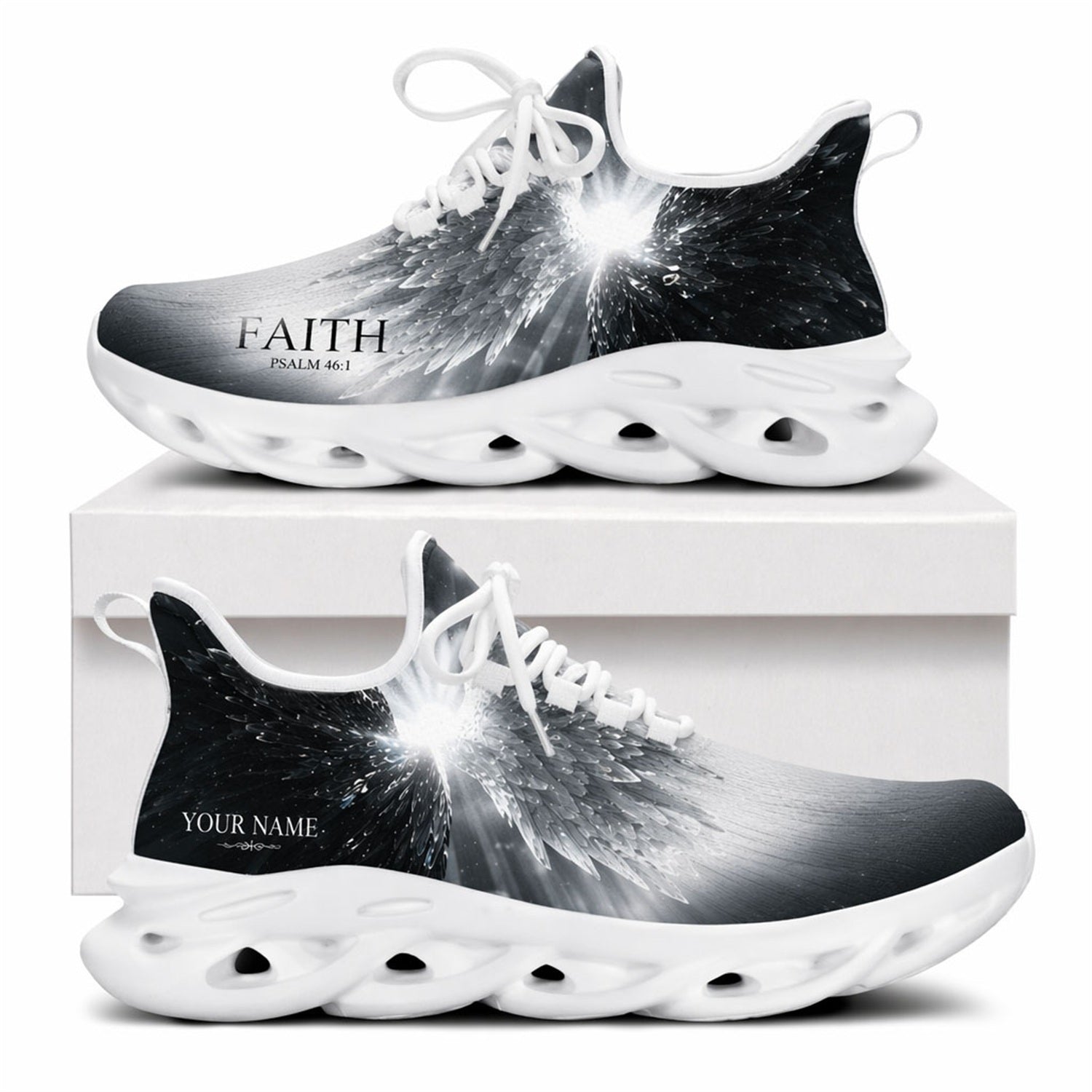 Side view of Radiant Angel Wings sneakers with ethereal wing motif on white outsoles