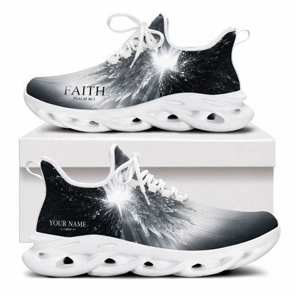 Side view of Radiant Angel Wings sneakers with ethereal wing motif on white outsoles