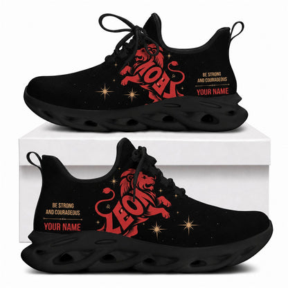 Red Leo zodiac lion Christian shoes with Be Strong and Courageous text and solid black wavy soles