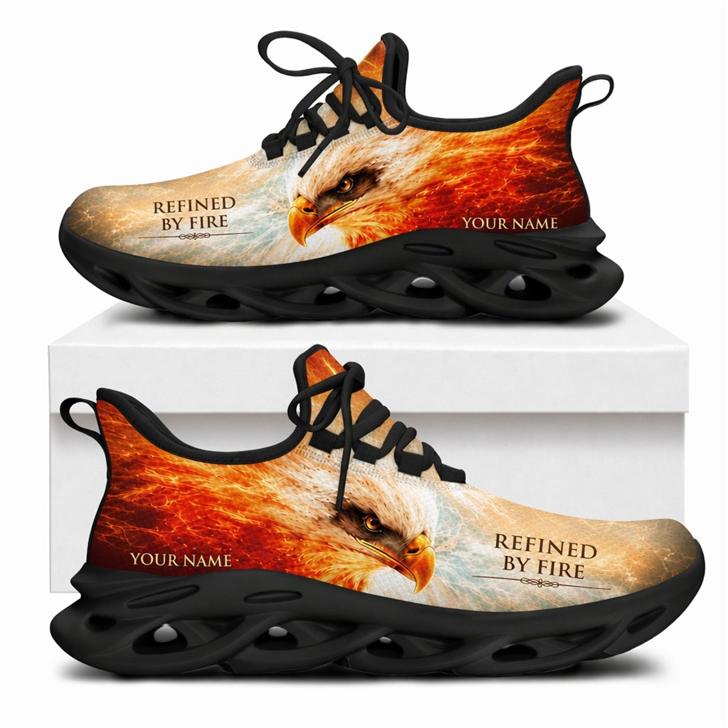 Side view of custom name Refined by Fire Max Soul shoes featuring a detailed eagle face portrait with roaring flames and a solid black wavy sole