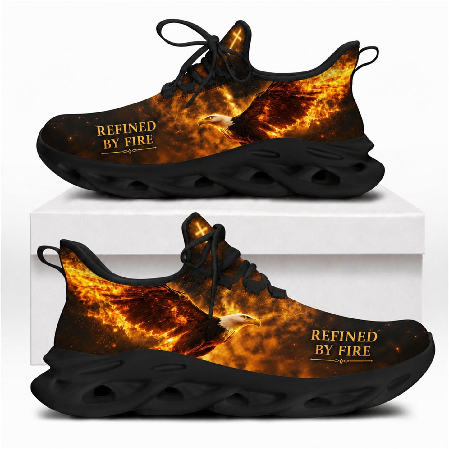 Side view of custom name Refined by Fire Max Soul shoes featuring a soaring eagle wrapped in realistic flames with a solid black wavy sole