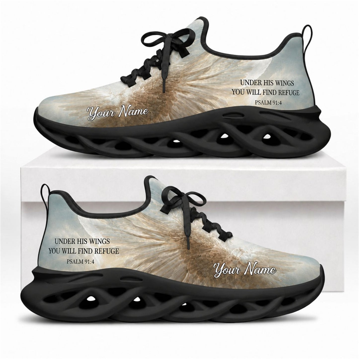Christian sneakers with "Psalm 91:4" and angel wings design on black wavy soles