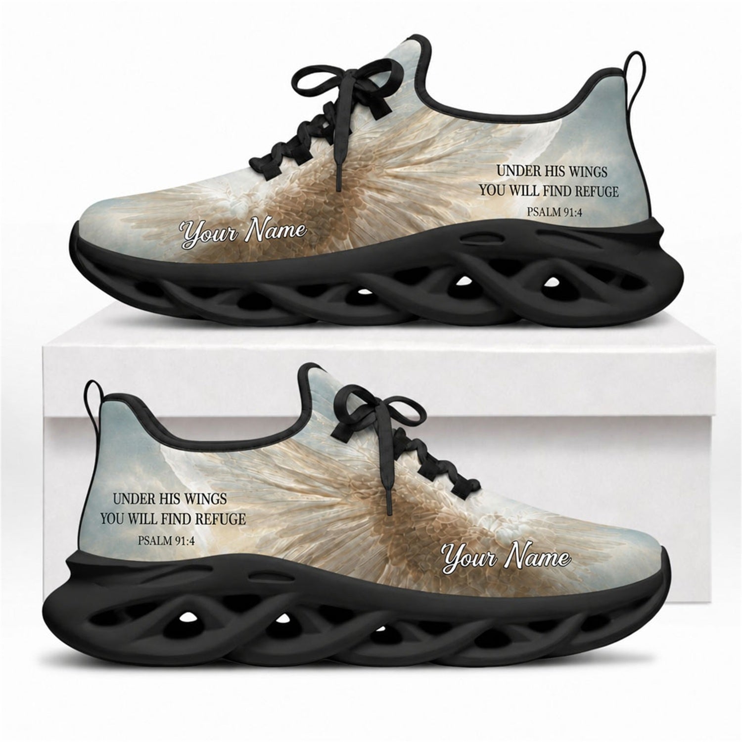Christian sneakers with "Psalm 91:4" and angel wings design on black wavy soles