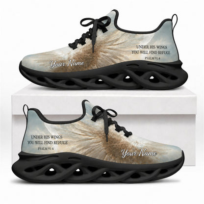 Christian sneakers with "Psalm 91:4" and angel wings design on black wavy soles