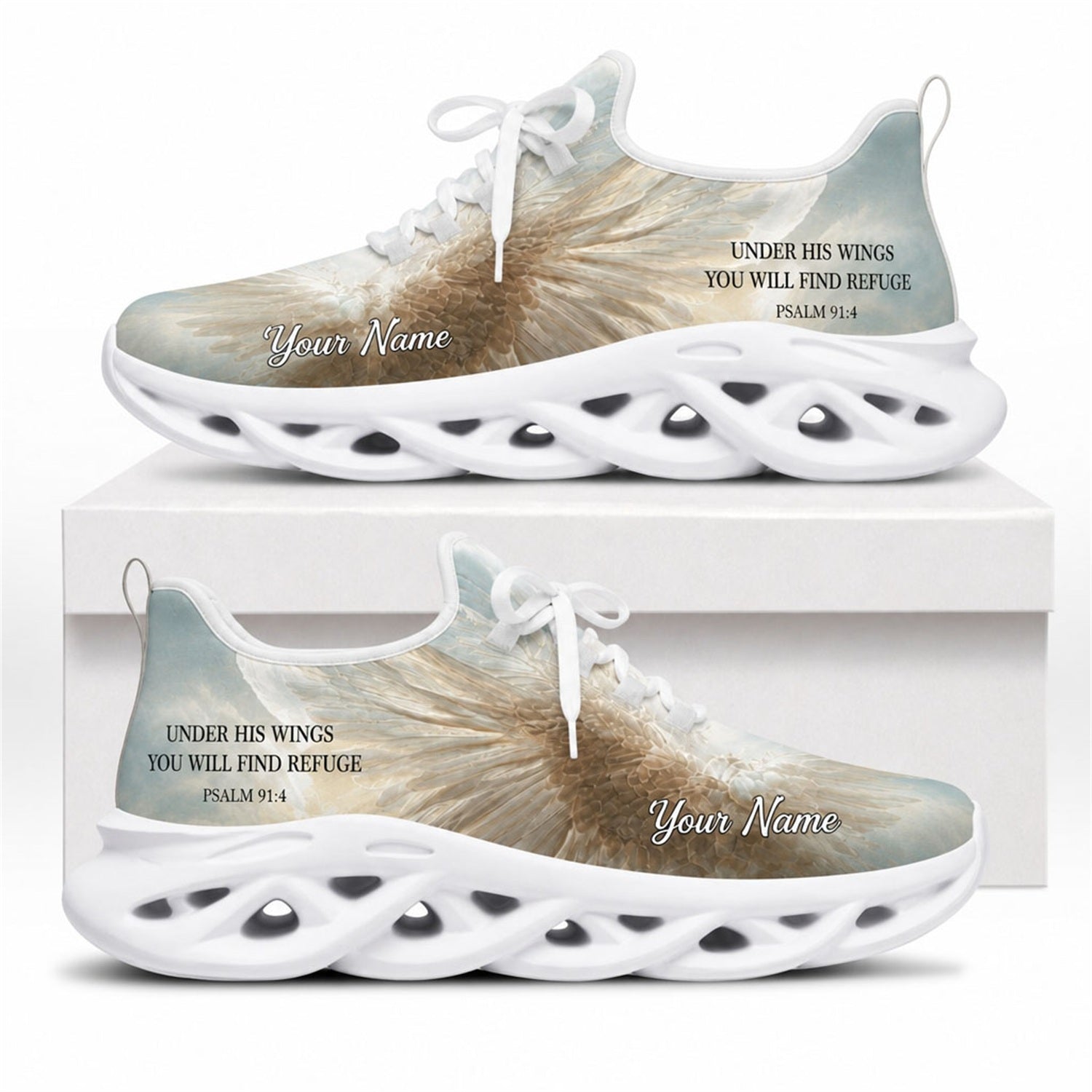 Side view of Refuge Angel Wings sneakers with soft wing motif on white outsoles