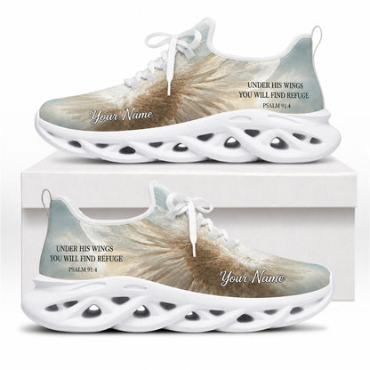 Side view of Refuge Angel Wings sneakers with soft wing motif on white outsoles
