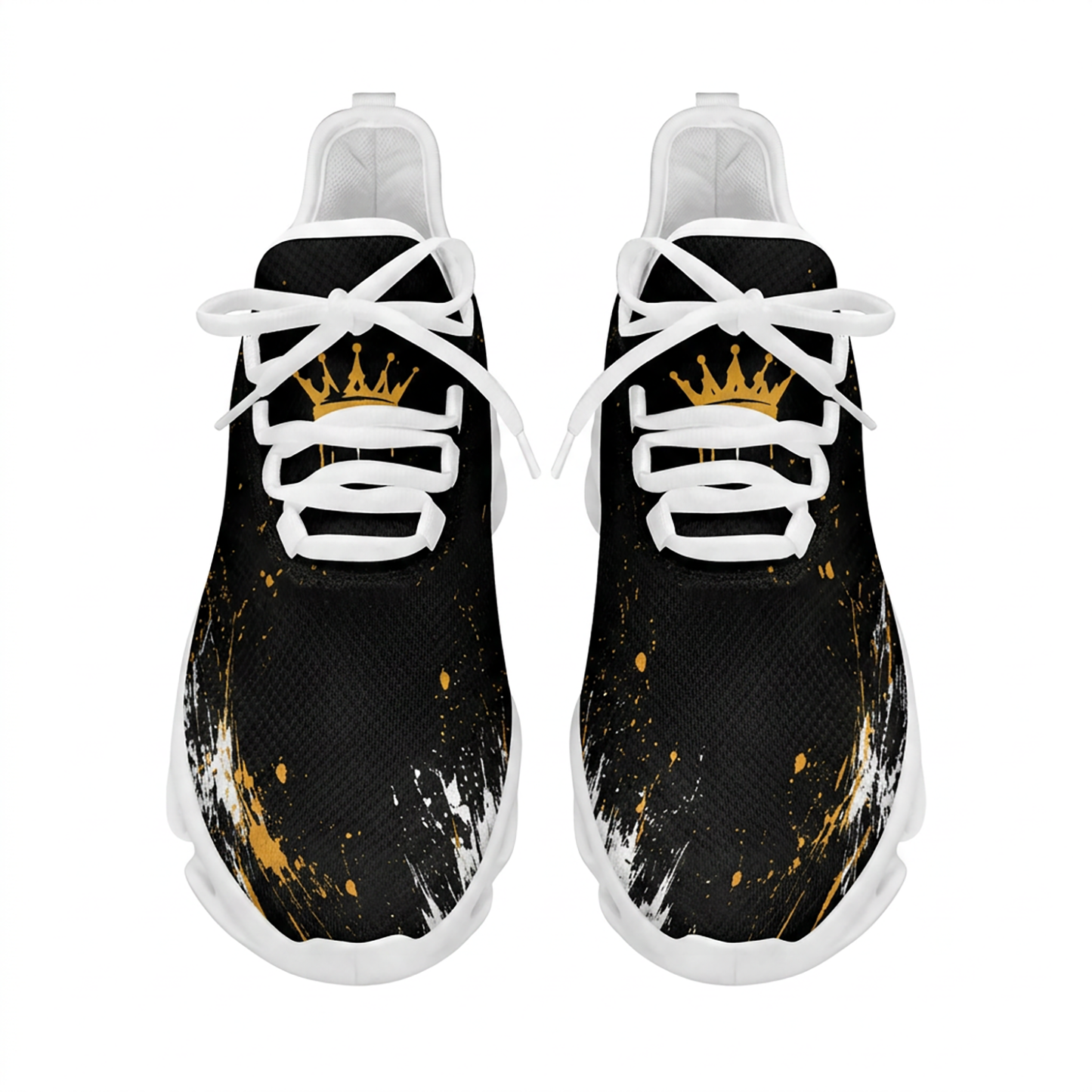 Top-down view of the custom faith sneakers showcasing a prominent gold crown emblem printed directly on the tongue panels
