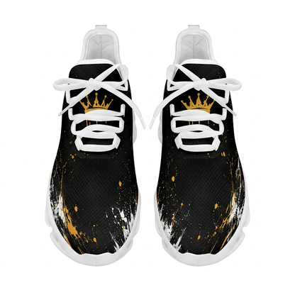 Top-down view of the custom faith sneakers showcasing a prominent gold crown emblem printed directly on the tongue panels