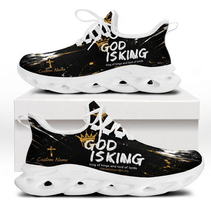 Both side views of Custom Name God Is King Max Soul Shoes on white soles featuring a black canvas with white and gold abstract splatters