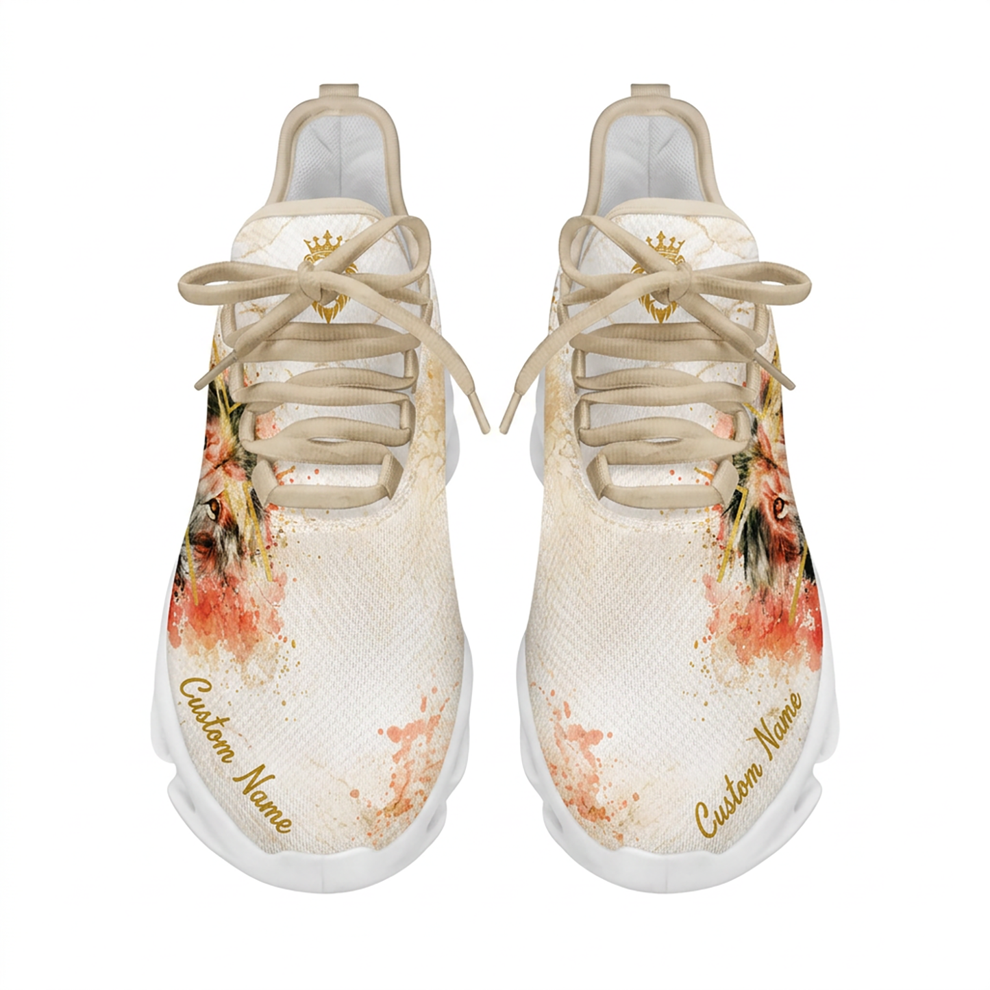Top-down view of the custom sneakers showcasing light beige laces and a golden lion head emblem on the tongue