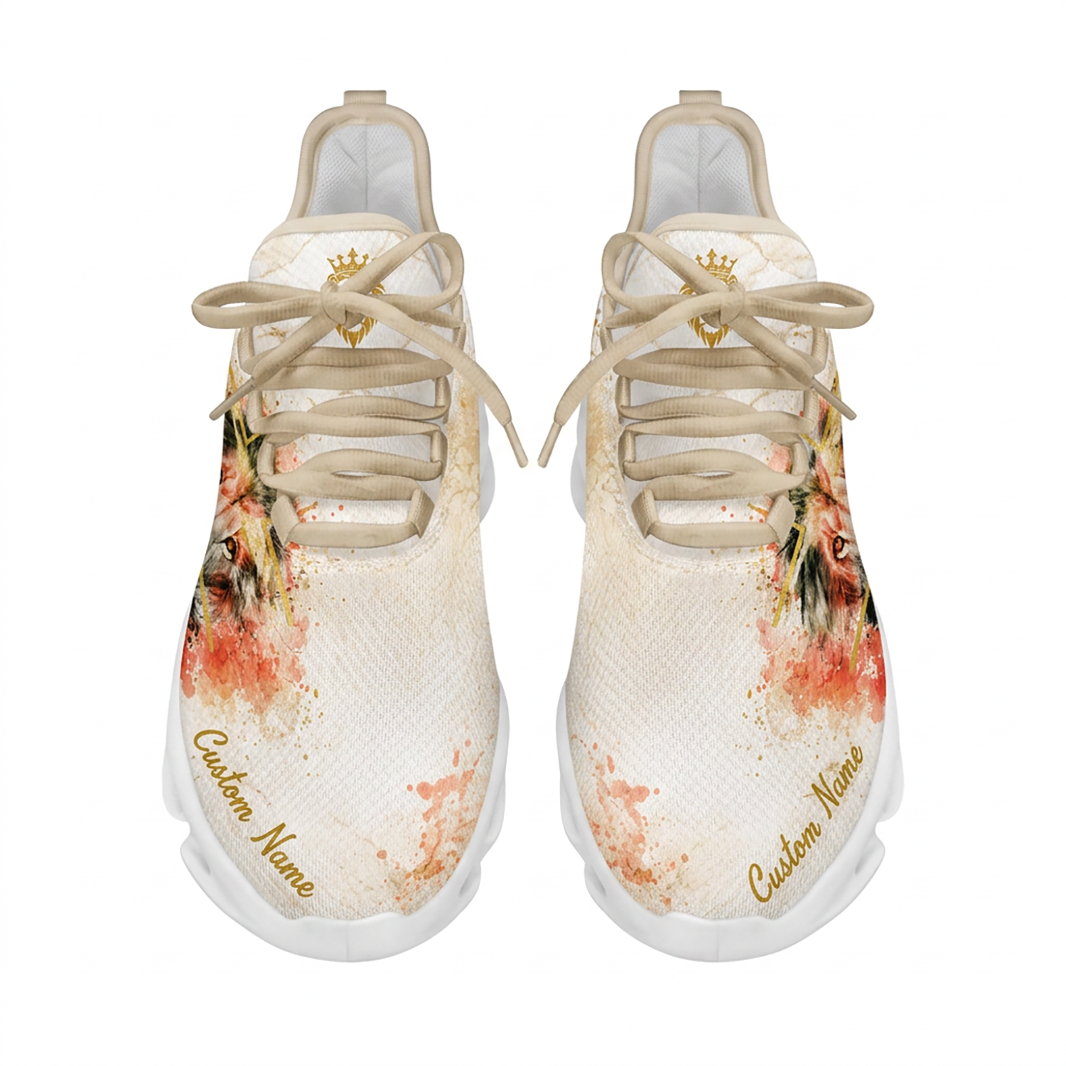 Top-down view of the custom sneakers showcasing light beige laces and a golden lion head emblem on the tongue