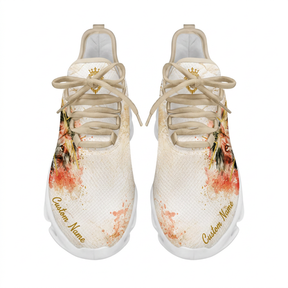 Top-down view of the custom sneakers showcasing light beige laces and a golden lion head emblem on the tongue