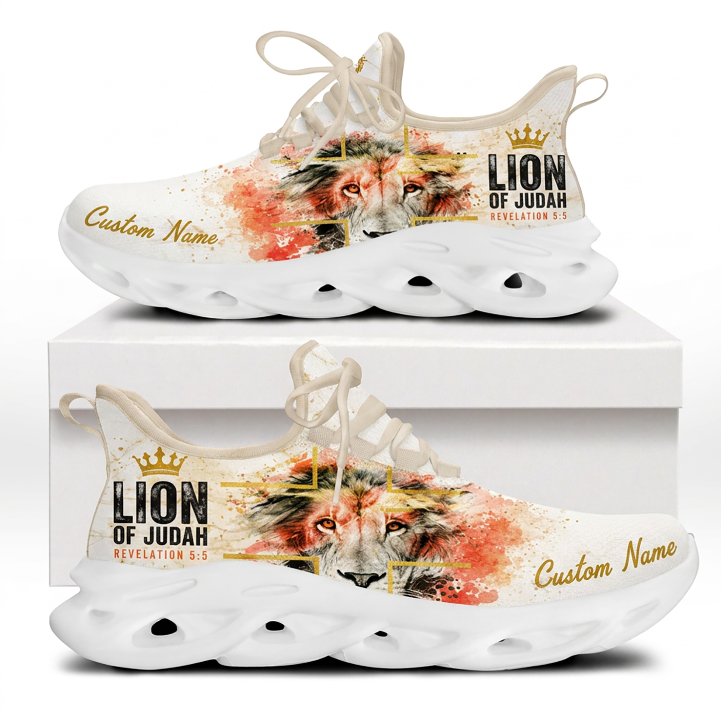 Side profiles of Custom Name Revelation 5:5 Max Soul Shoes on white soles featuring an artistic lion paint splatter illustration