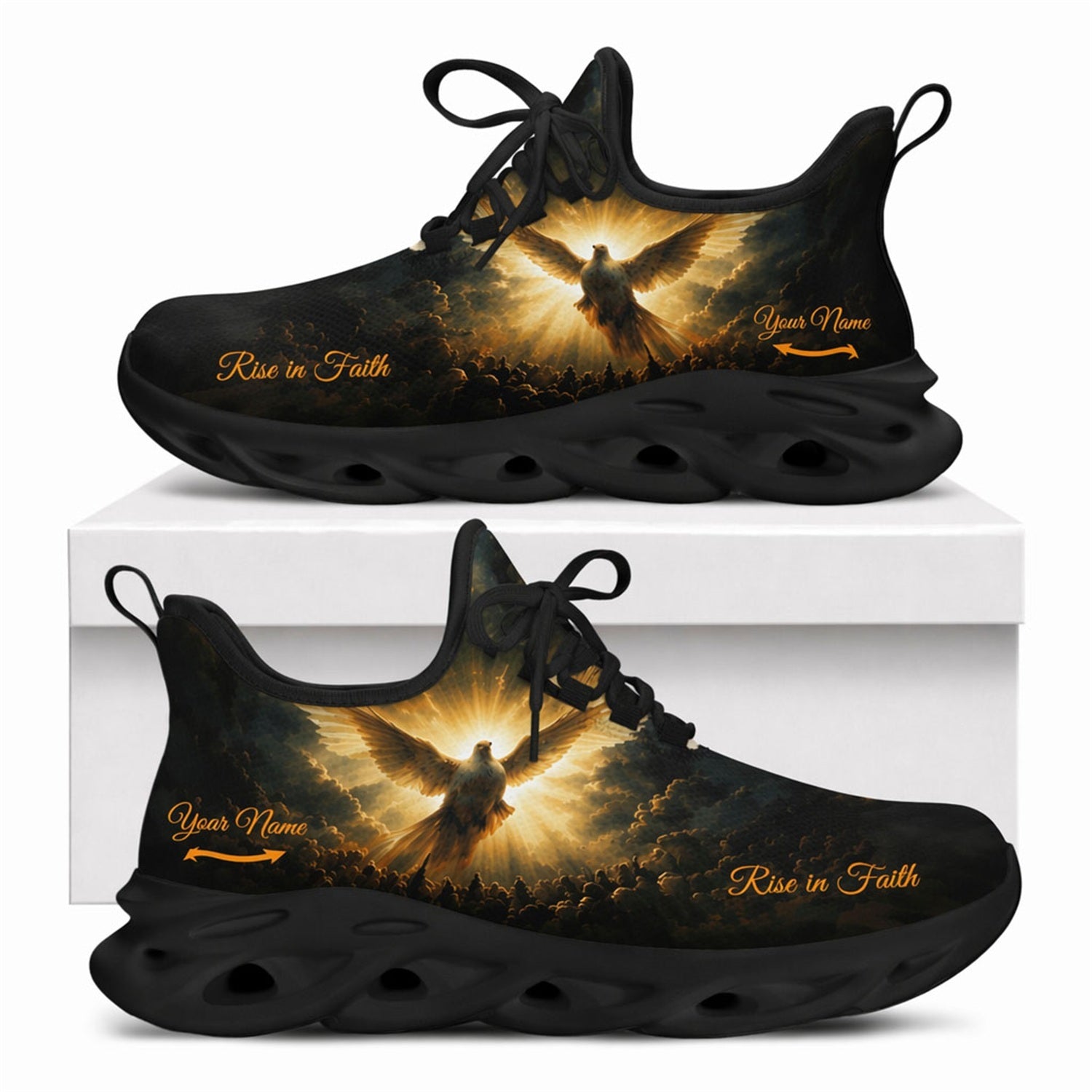 Christian sneakers showing a holy dove emerging from divine light with "Rise in Faith" text on black wavy soles