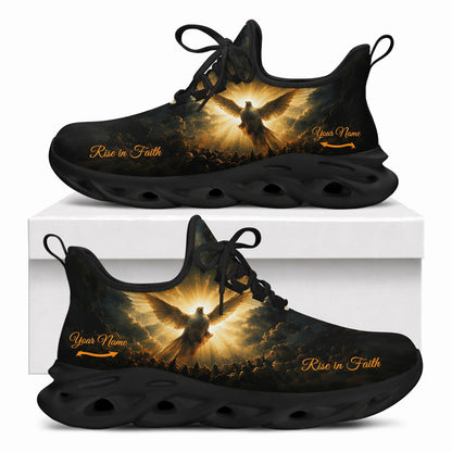 Christian sneakers showing a holy dove emerging from divine light with "Rise in Faith" text on black wavy soles