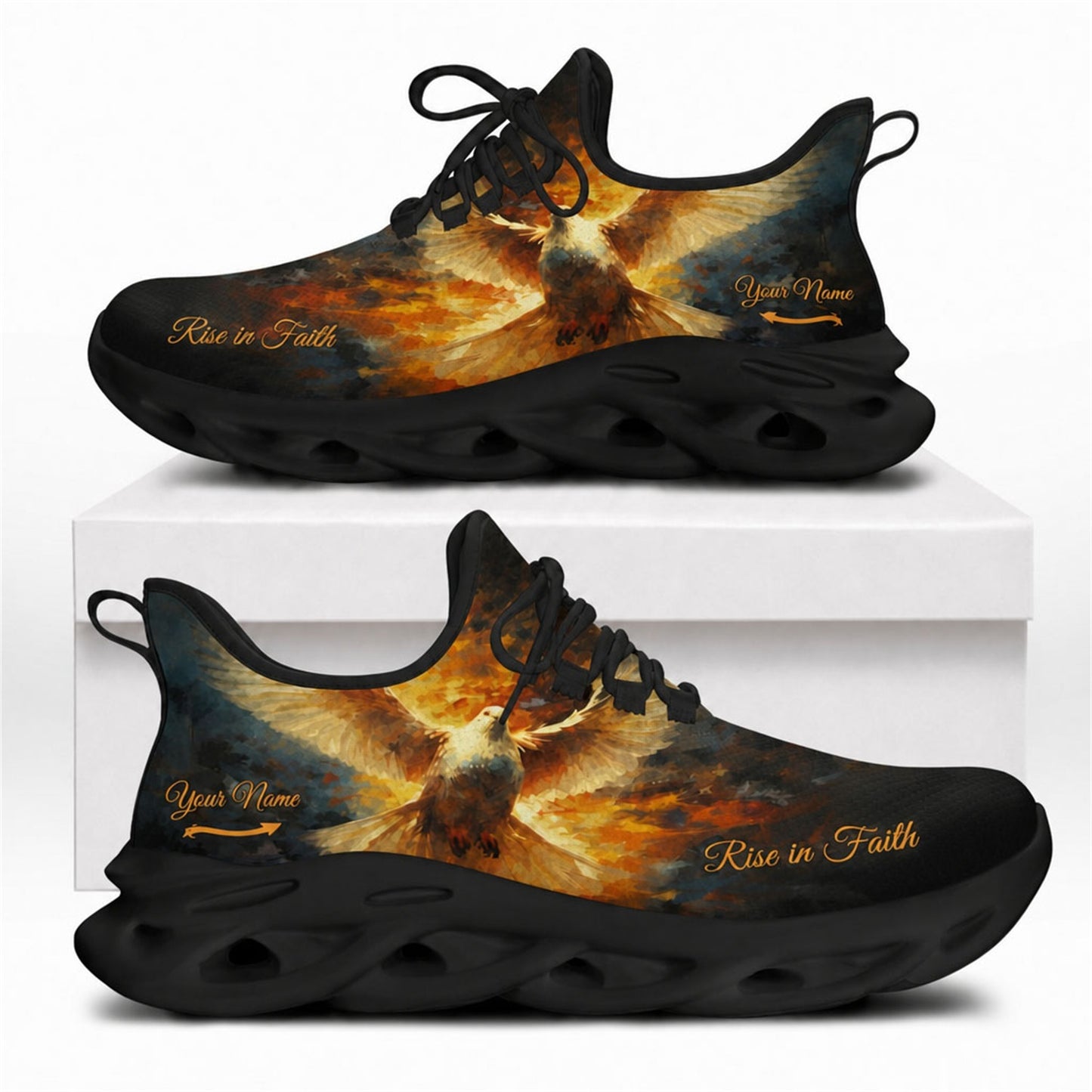 Christian sneakers featuring an oil painting style holy dove and fire design on premium black wavy soles