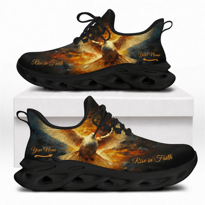 Christian sneakers featuring an oil painting style holy dove and fire design on premium black wavy soles