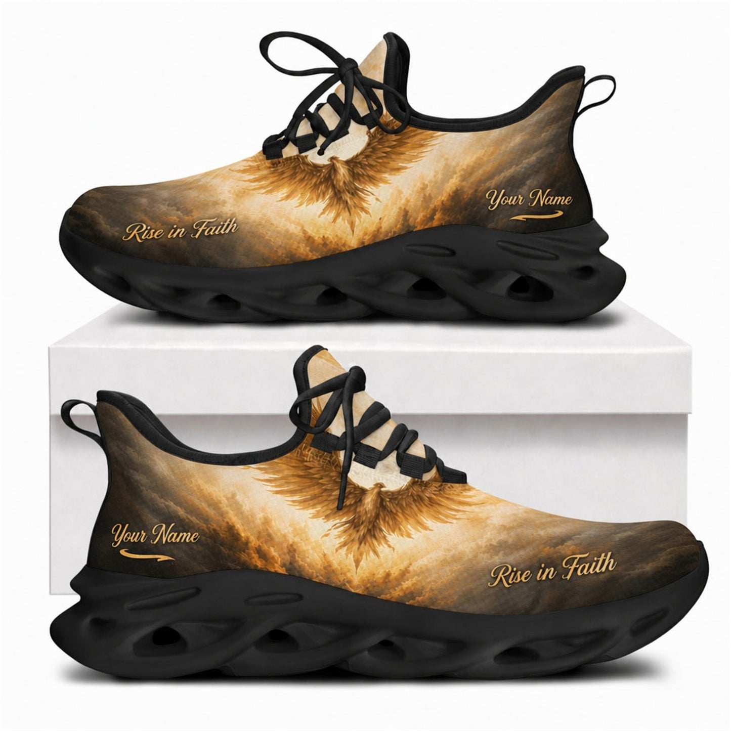 Golden Christian shoes featuring a majestic eagle flying through heavenly clouds on premium black wavy soles