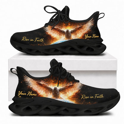 Christian sneakers featuring an eagle flying above Earth with "Rise in Faith" text on black wavy soles