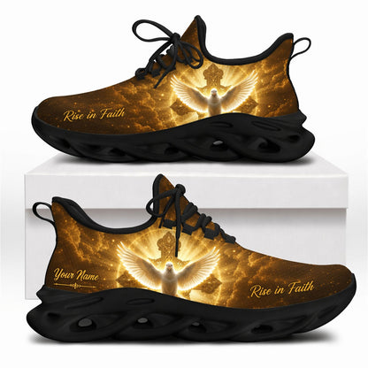 Christian sneakers featuring a holy dove and golden cross with "Rise in Faith" text on black wavy soles
