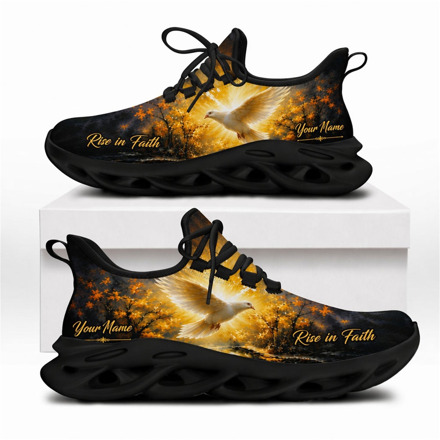 Christian sneakers featuring a holy dove in a golden forest with "Rise in Faith" text on black wavy soles