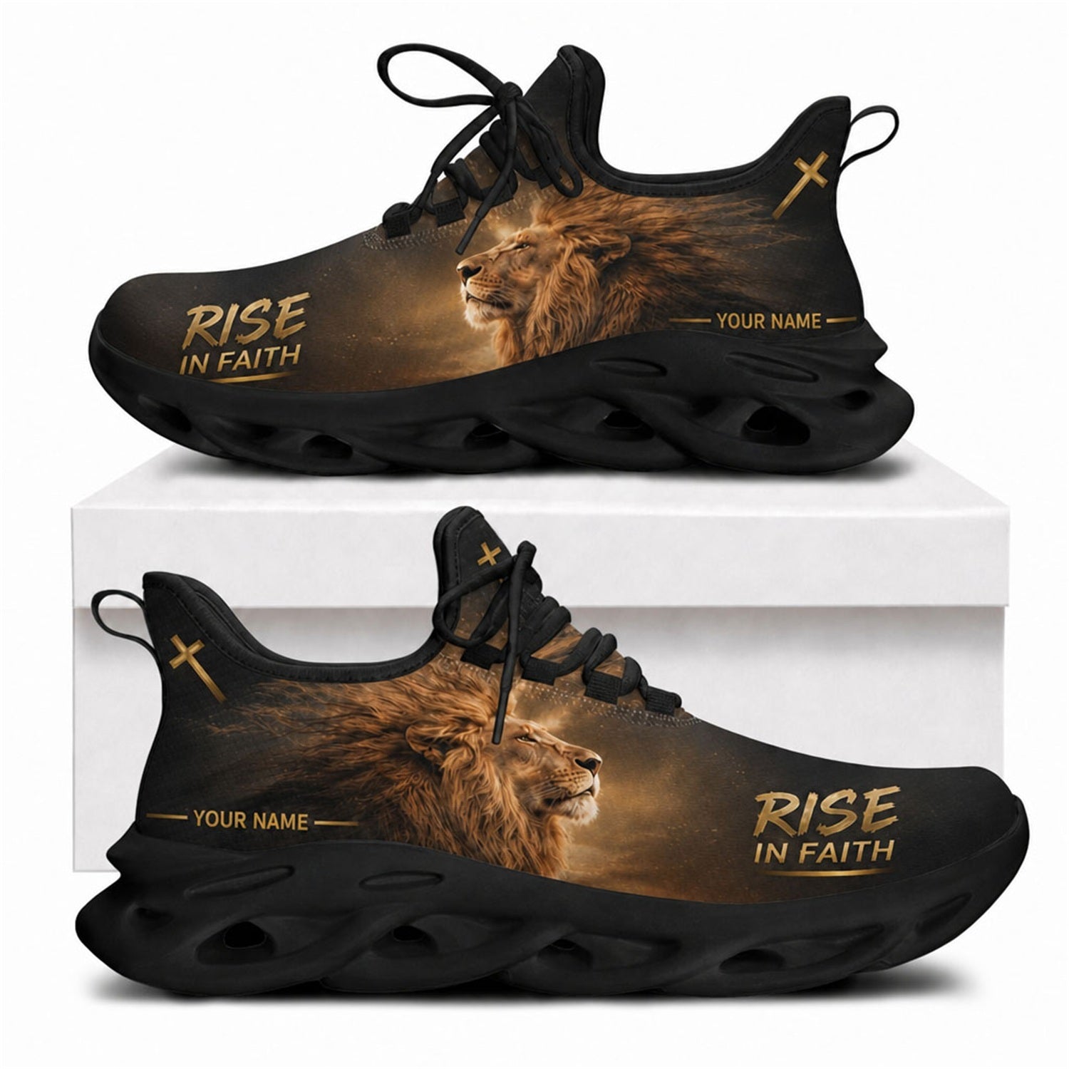 Side view of custom name Rise In Faith Max Soul shoes showcasing a majestic golden lion design with a solid black wavy sole