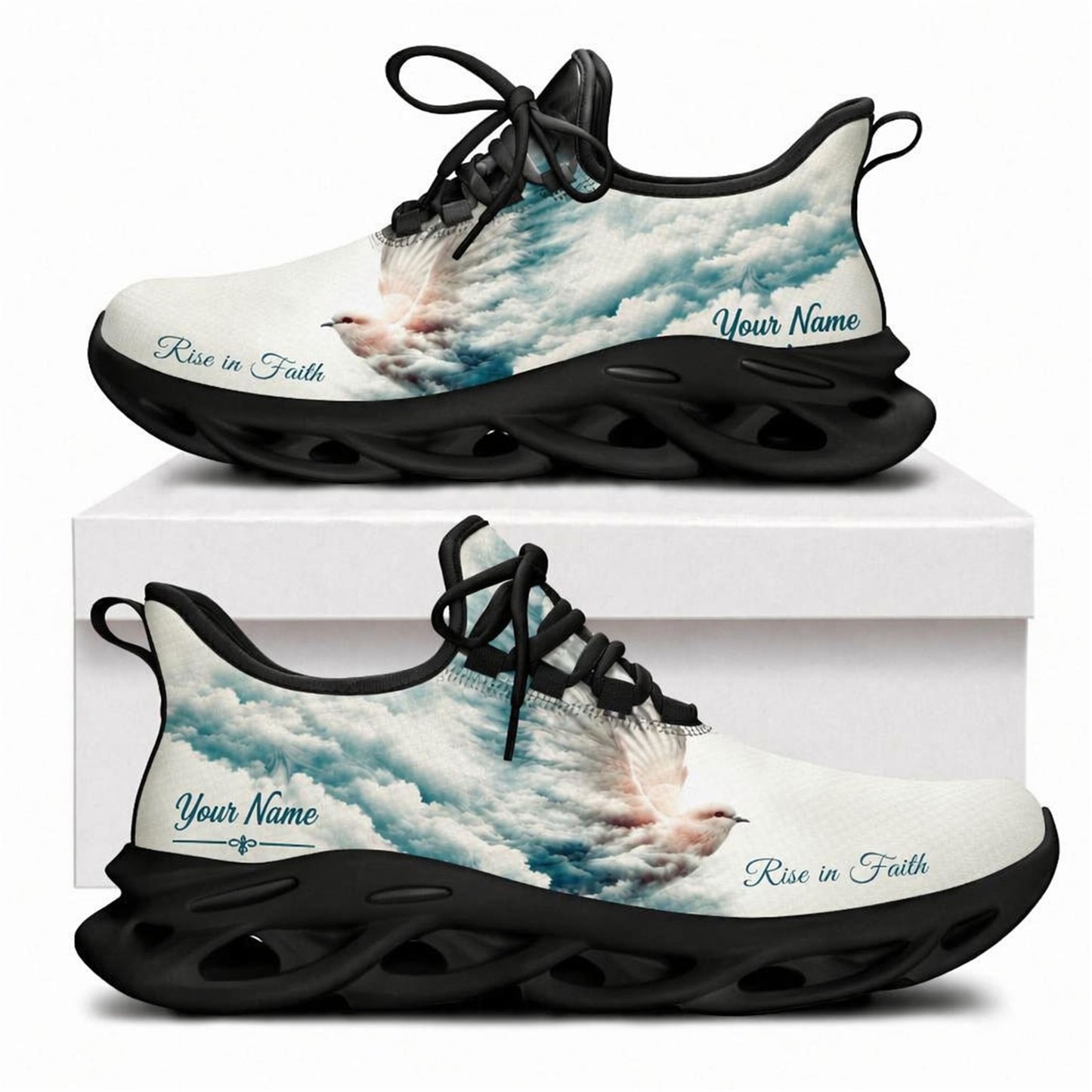 Christian sneakers showing a white dove flying through blue clouds with "Rise in Faith" text on black wavy soles