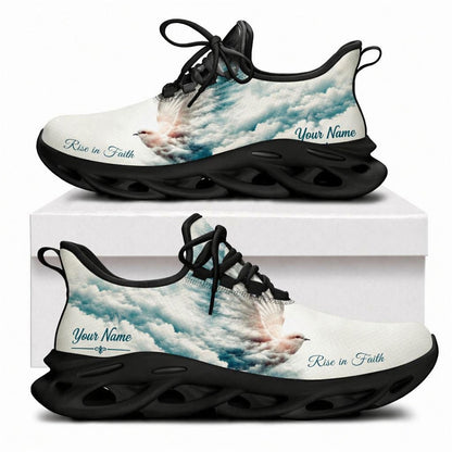 Christian sneakers showing a white dove flying through blue clouds with "Rise in Faith" text on black wavy soles