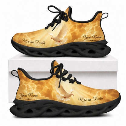 Christian sneakers showing a holy dove flying in radiant sunbeams with "Rise in Faith" text on black wavy soles