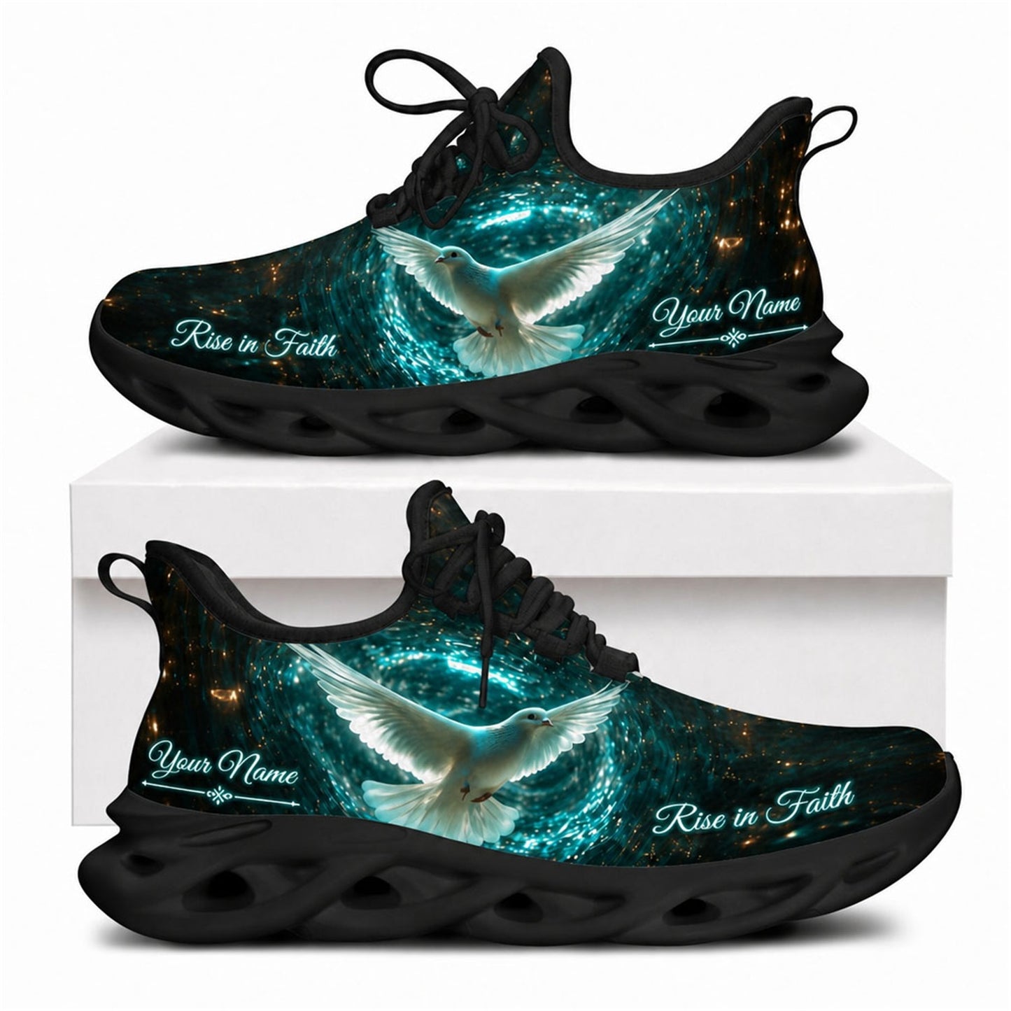 Christian sneakers showing a holy dove in a cosmic vortex with "Rise in Faith" text on black wavy soles