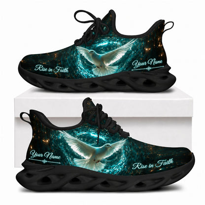 Christian sneakers showing a holy dove in a cosmic vortex with "Rise in Faith" text on black wavy soles