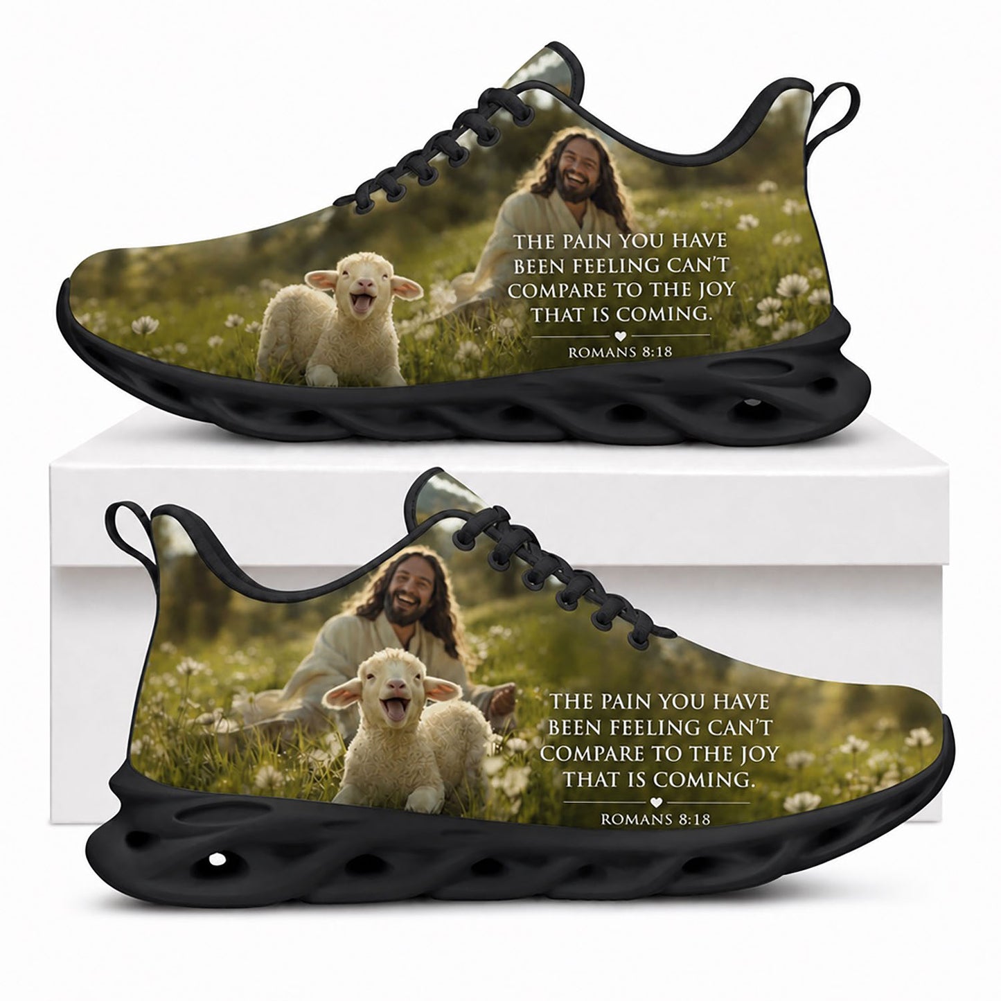 Side view of Custom Name Romans 8 18 Joy Coming Max Soul Shoes in black sole showing the custom text layer