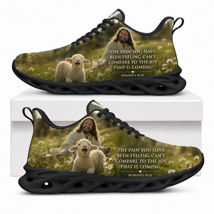 Side view of Custom Name Romans 8 18 Joy Coming Max Soul Shoes in black sole showing the custom text layer